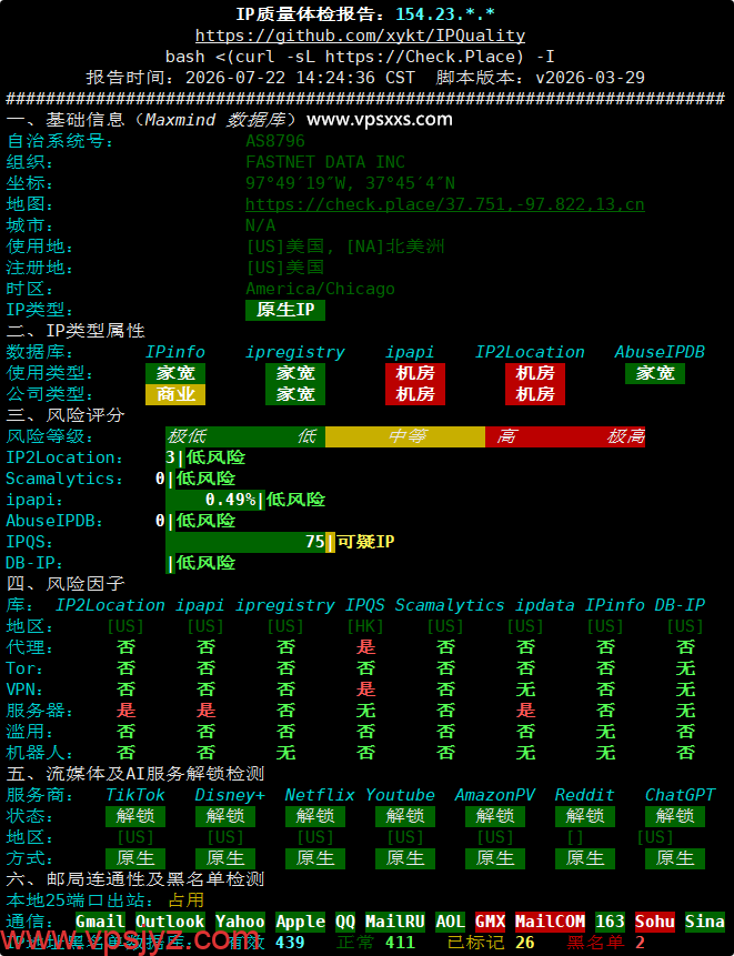 云途美国洛杉矶精品VPS IP质量体检报告