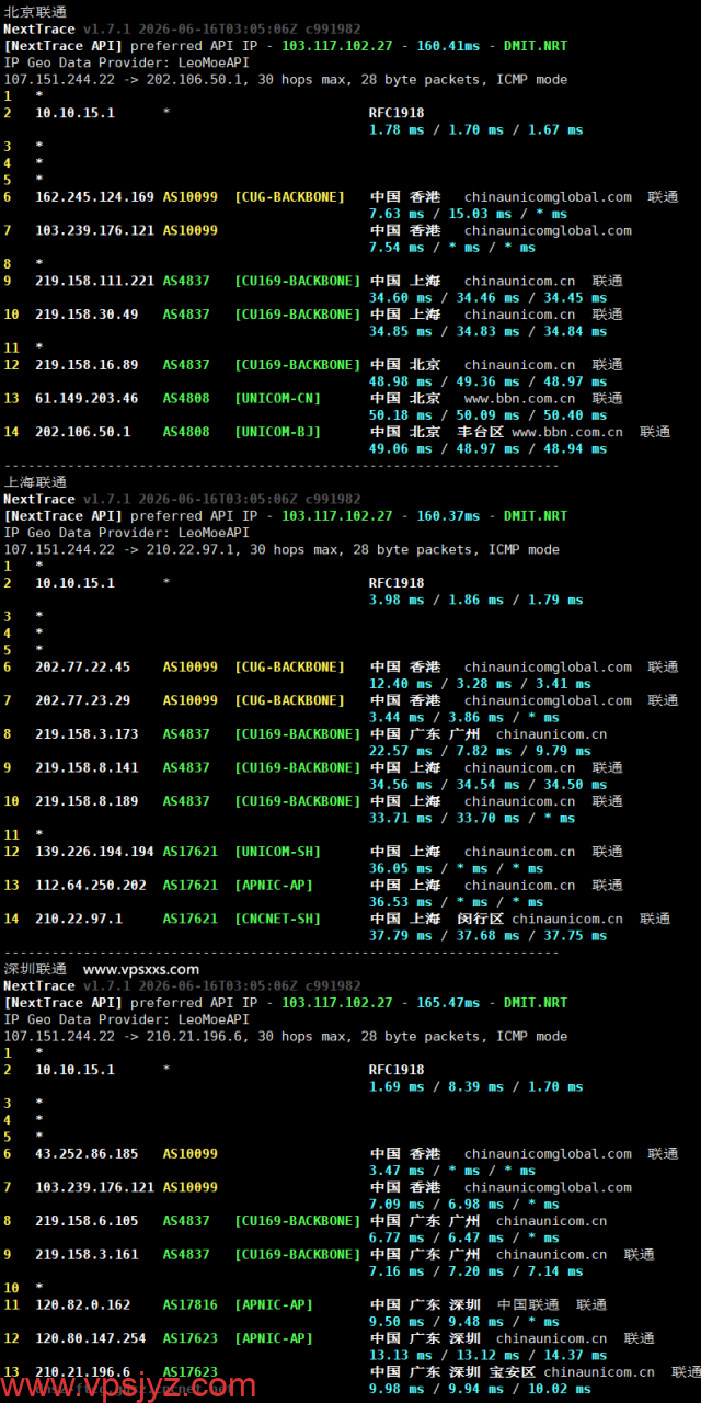云途香港优化TKO VPS联通回程路由
