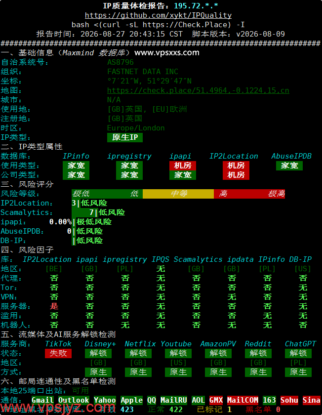 QQG.NET美国三网直连VPS IP质量体检报告