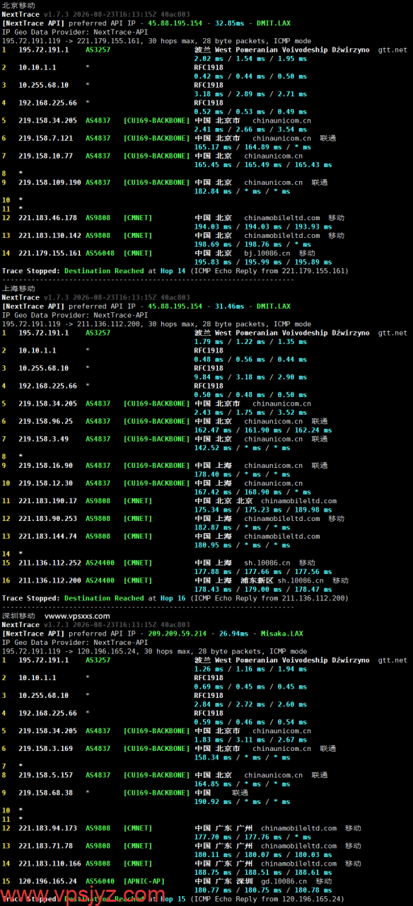 QQG.NET美国三网直连VPS移动回程路由