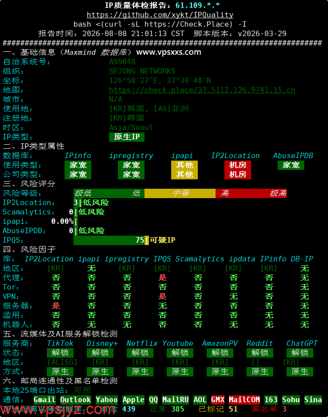 WePC韩国SEJONG家宽VPS IP质量体检报告