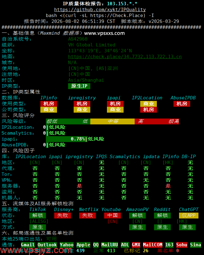 云途香港BGP VPS IP质量体检报告