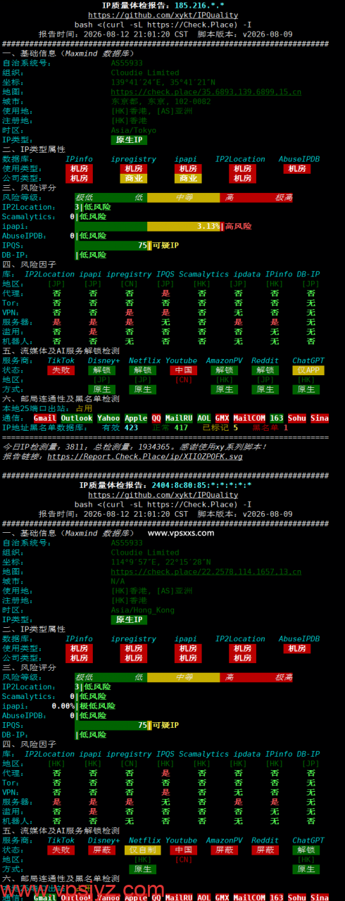 云途香港优化网络VPS IP质量体检报告