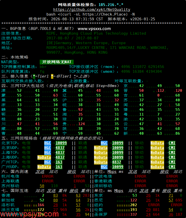 云途香港优化网络VPS网络质量体检报告