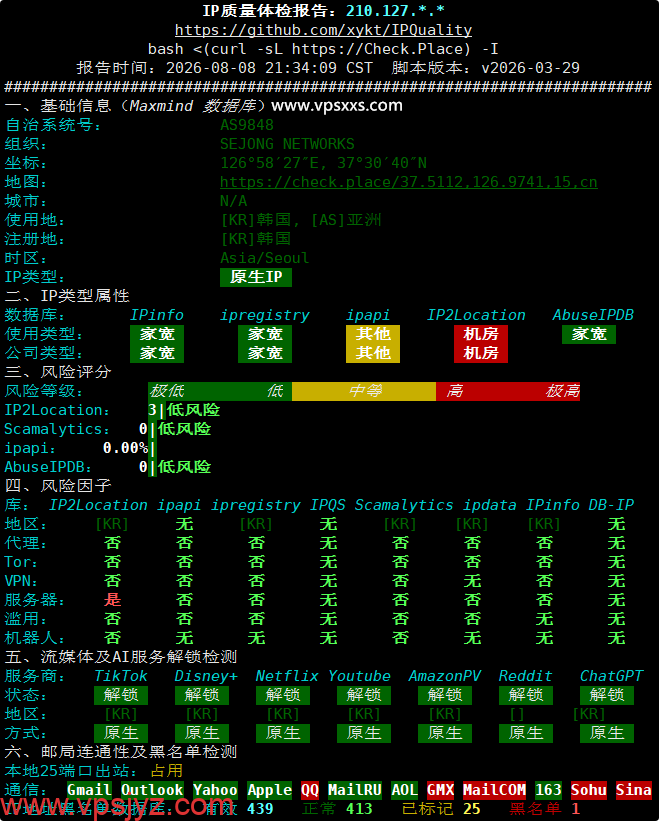 六六云韩国双ISP VPS IP质量体检报告