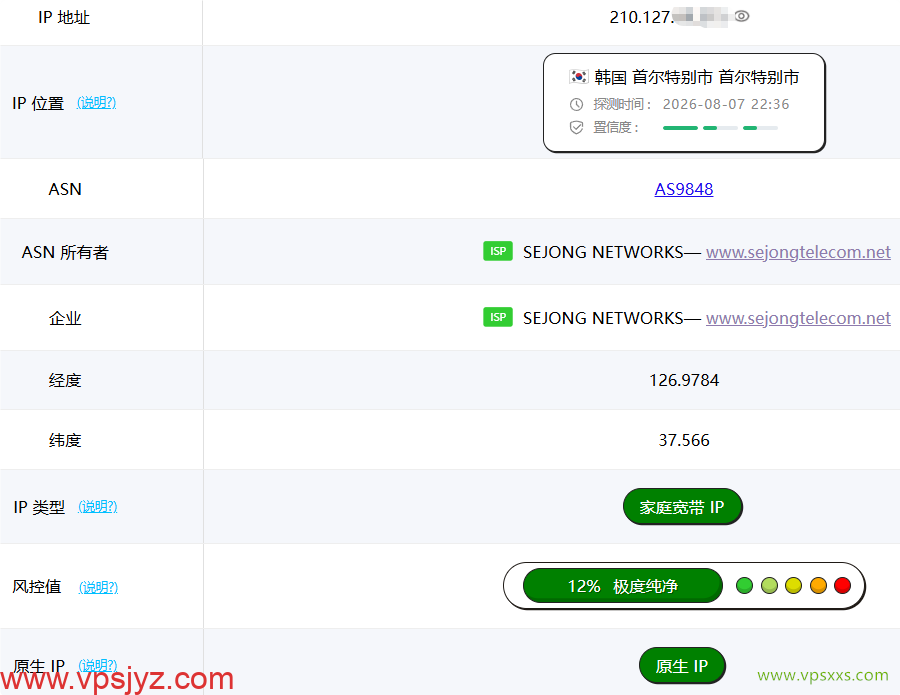 六六云韩国双ISP VPS ping0是否家庭IP检测