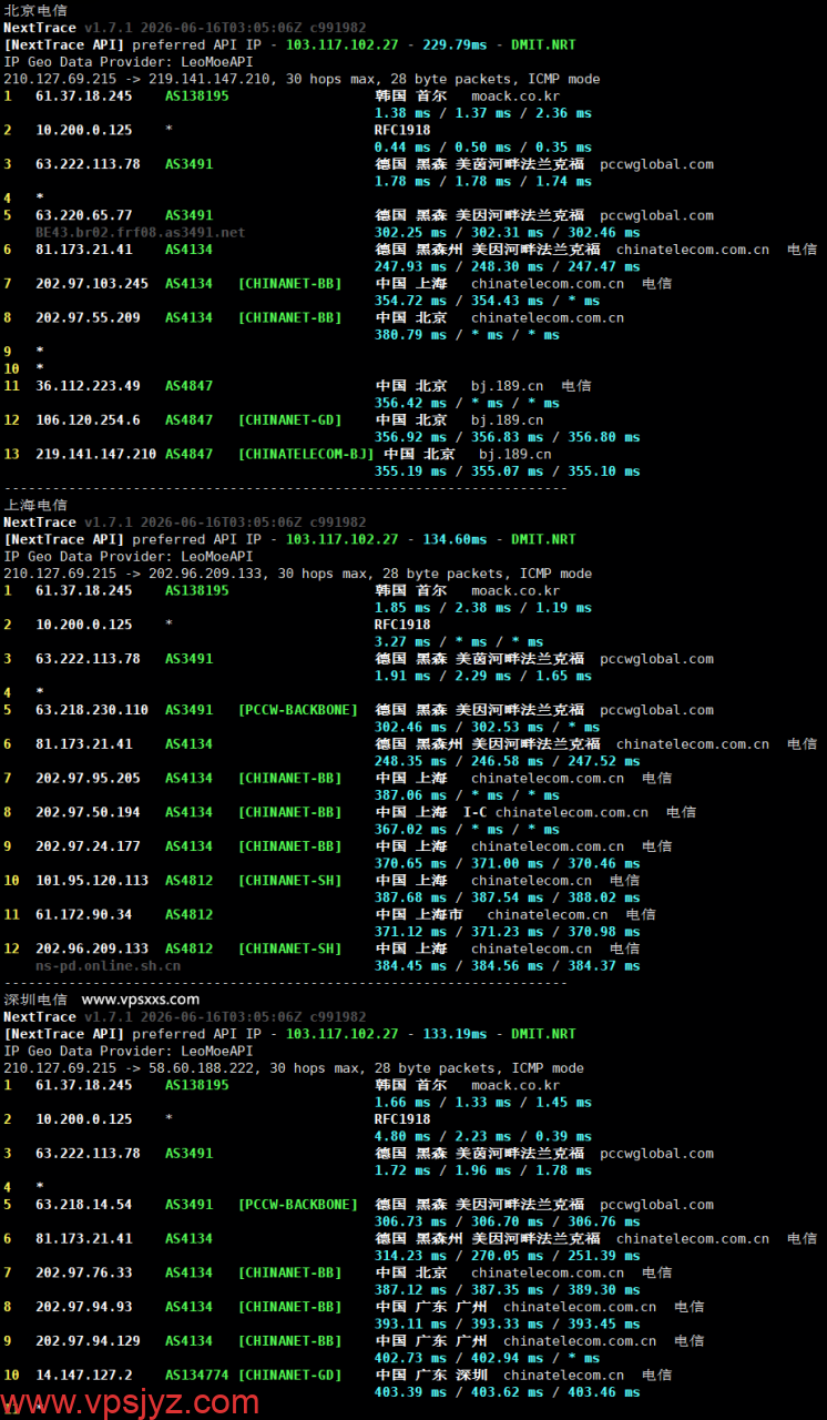 六六云韩国双ISP VPS电信回程路由