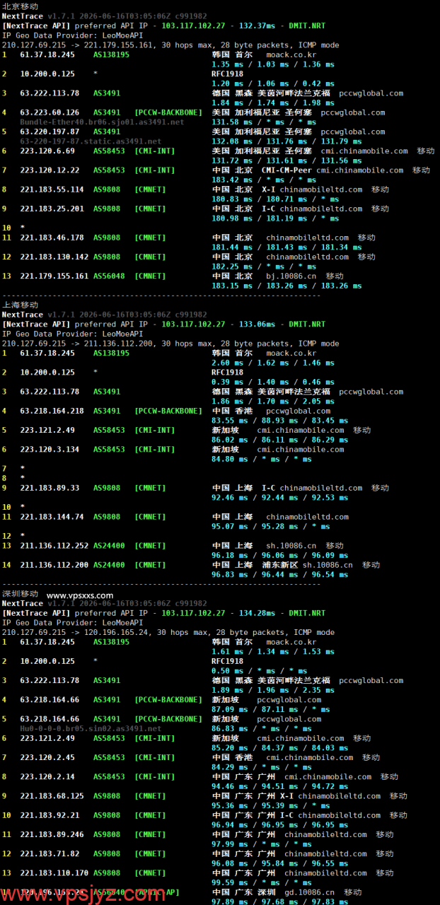 六六云韩国双ISP VPS移动回程路由