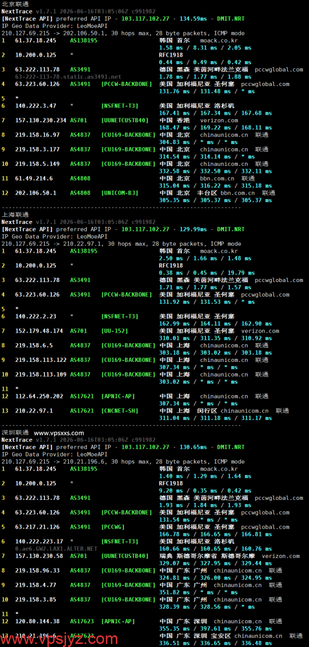 六六云韩国双ISP VPS联通回程路由