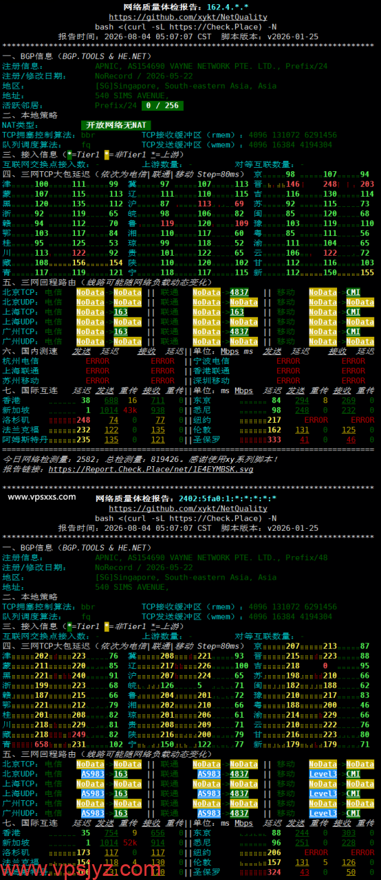 荫云新加坡原生IP VPS网络质量体检报告