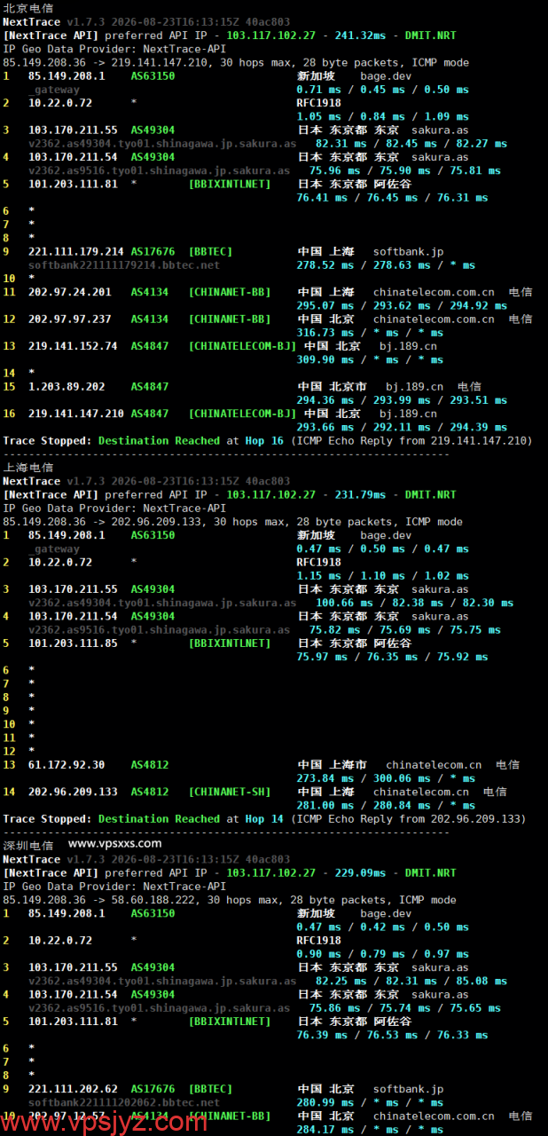 BageVm新加坡VPS电信回程路由