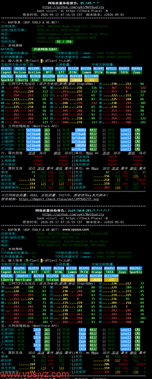 BageVm新加坡VPS网络质量体检报告