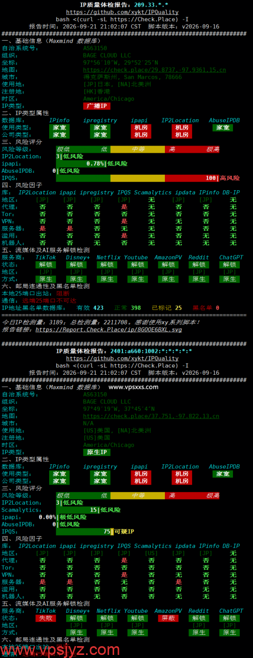 BageVm日本VPS IP质量体检报告