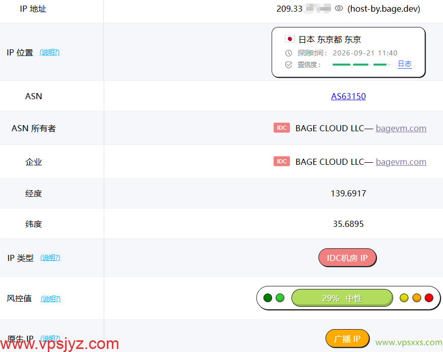 BageVm日本VPS ping0是否家庭IP检测