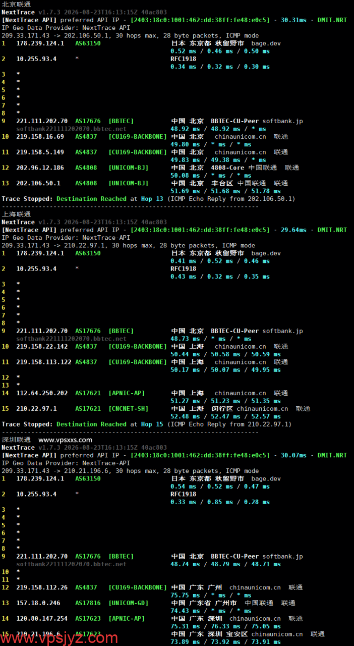 BageVm日本VPS联通回程路由