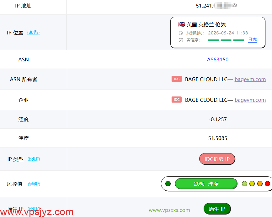 BageVm英国VPS ping0是否家庭IP检测