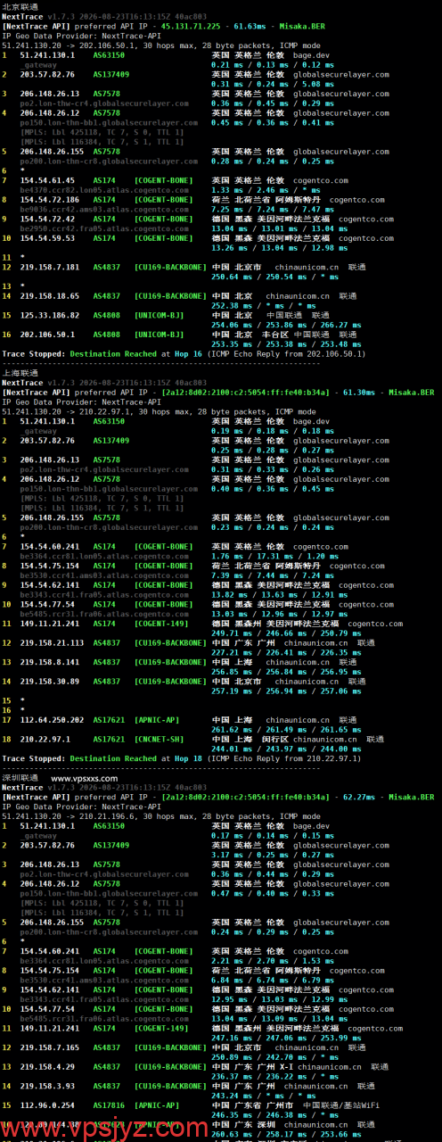 BageVm英国VPS联通回程路由