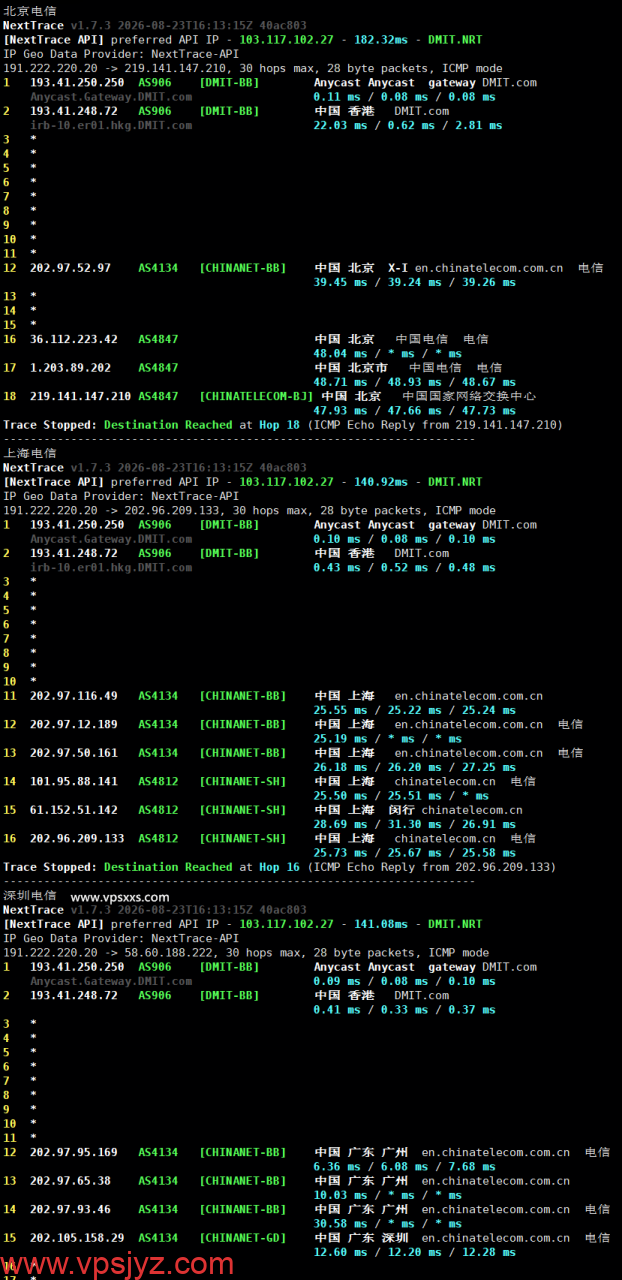 DMIT香港HKG.EB VPS电信回程路由