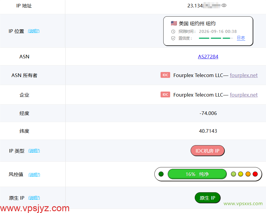 Fourplex美国纽约VPS ping0是否家庭IP检测