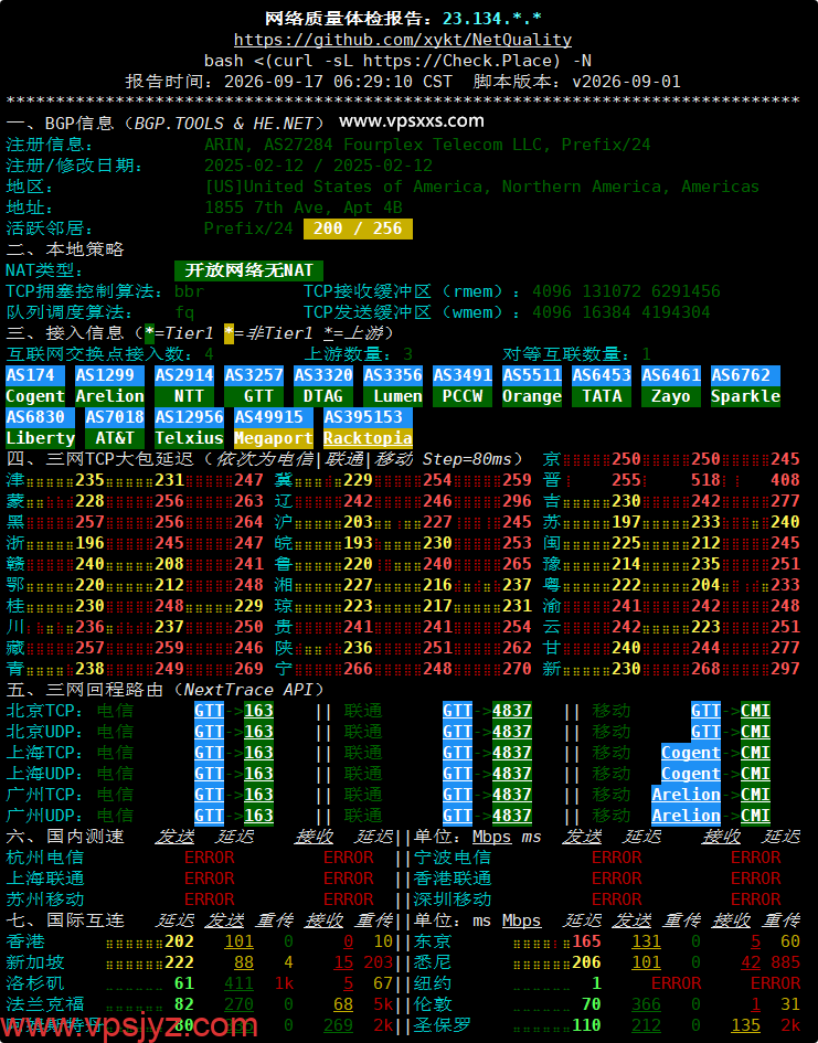 Fourplex美国纽约VPS网络质量体检报告