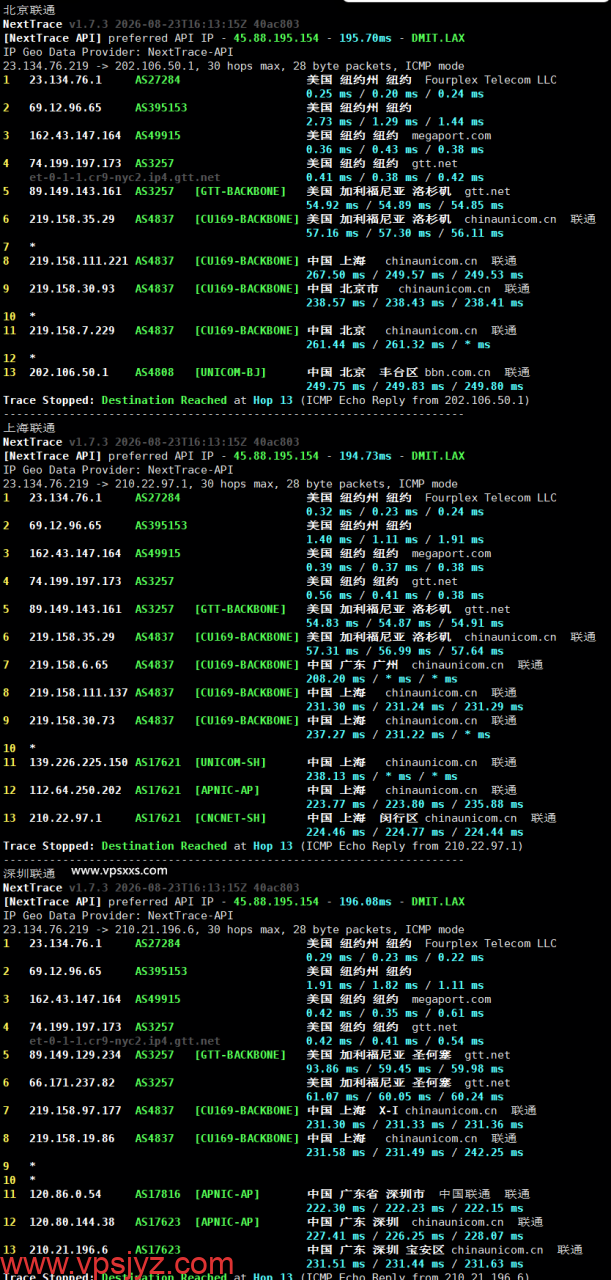 Fourplex美国纽约VPS联通回程路由