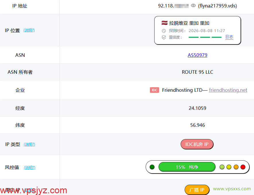 Friendhosting拉脱维亚VPS ping0是否家庭IP检测