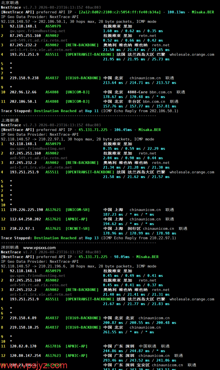 Friendhosting拉脱维亚VPS联通回程路由