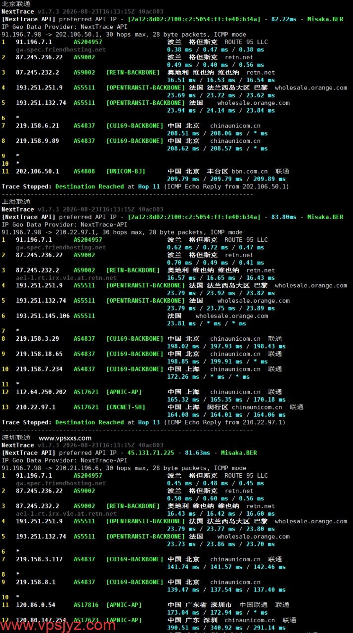 Friendhosting波兰VPS联通回程路由