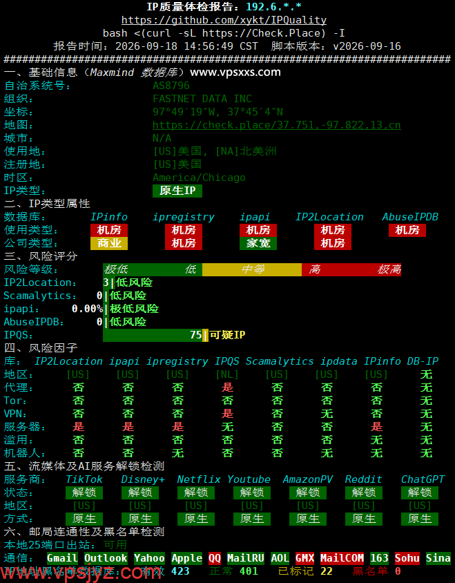 QQG.NET美国CN2 GIA VPS IP质量体检报告