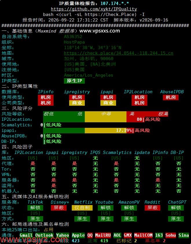 ServerHost美国洛杉矶VPS IP质量体检报告