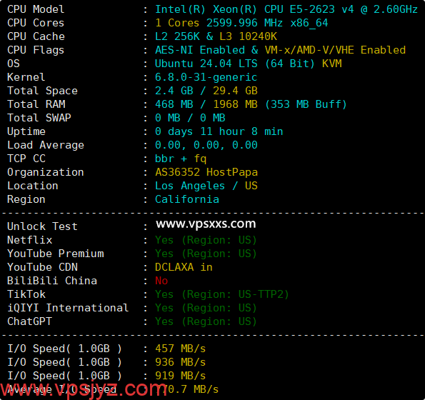 ServerHost美国洛杉矶VPS硬件测试