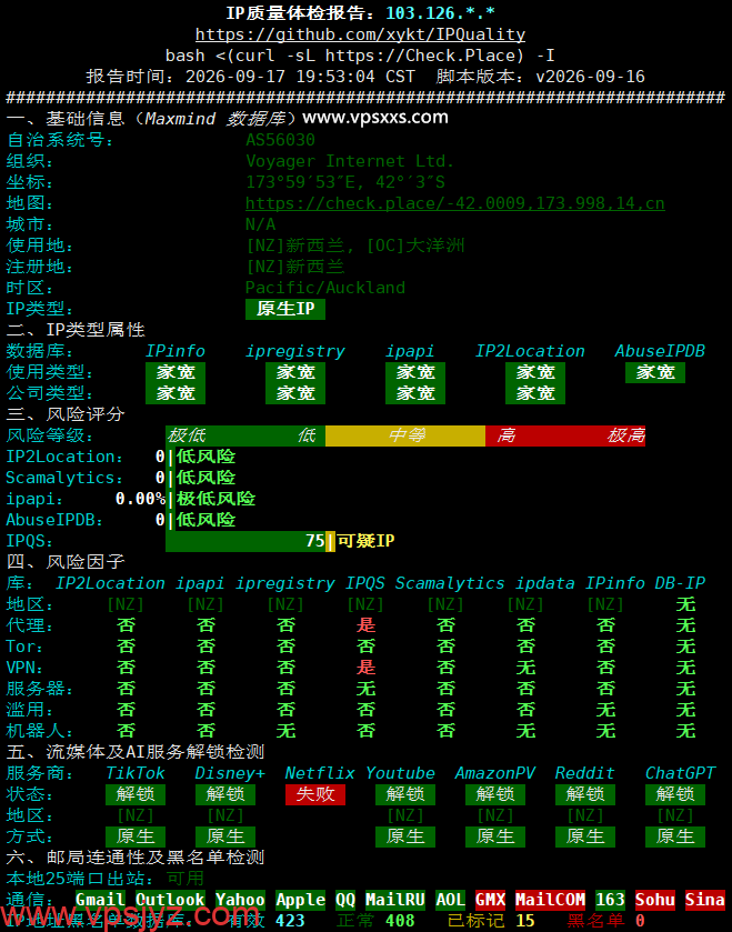 WePC新西兰原生家宽VPS IP质量体检报告