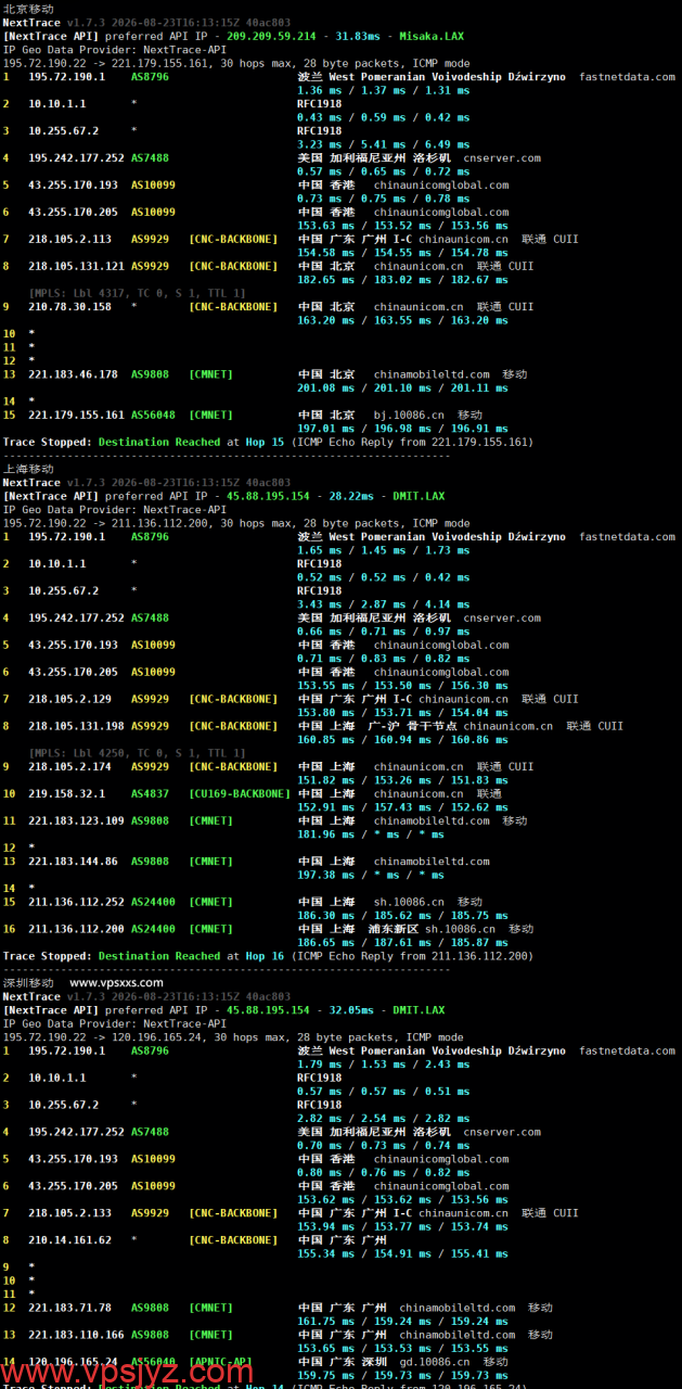 弘速云美国9929 VPS移动回程路由测试