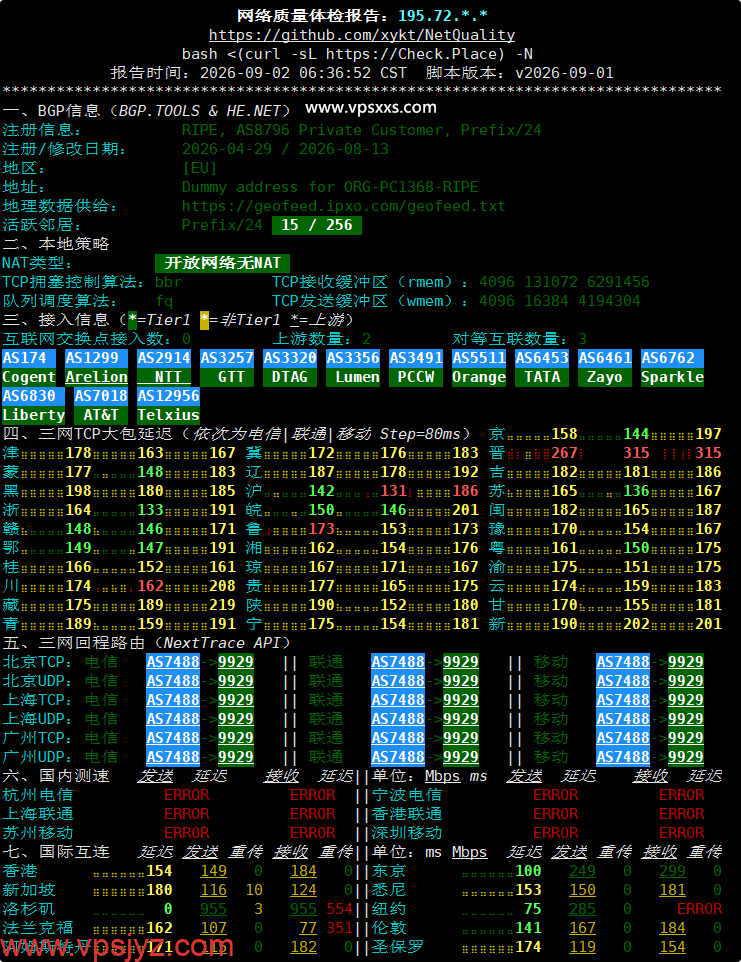 弘速云美国9929 VPS网络质量体检报告