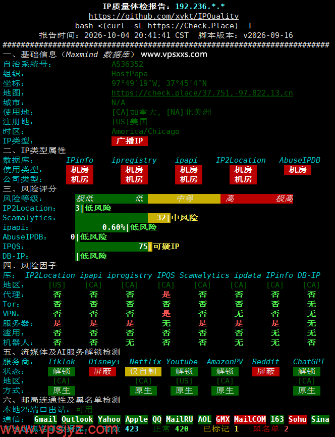 ServerHost加拿大多伦多VPS IP质量体检报告
