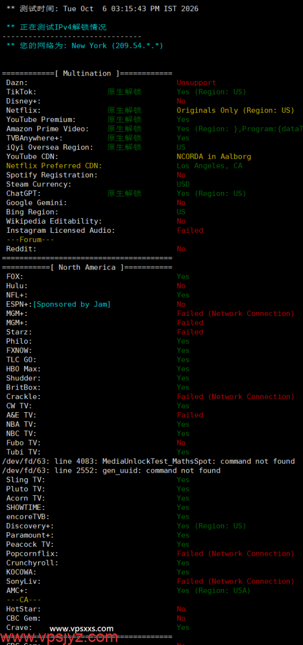 ServerHost美国纽约VPS流媒体解锁能力测试