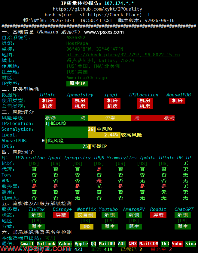 ServerHost美国达拉斯VPS IP质量体检报告