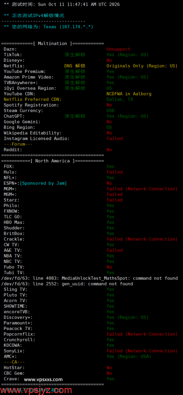 ServerHost美国达拉斯VPS流媒体解锁能力测试
