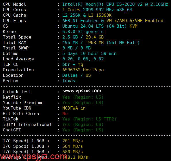 ServerHost美国达拉斯VPS硬件测试