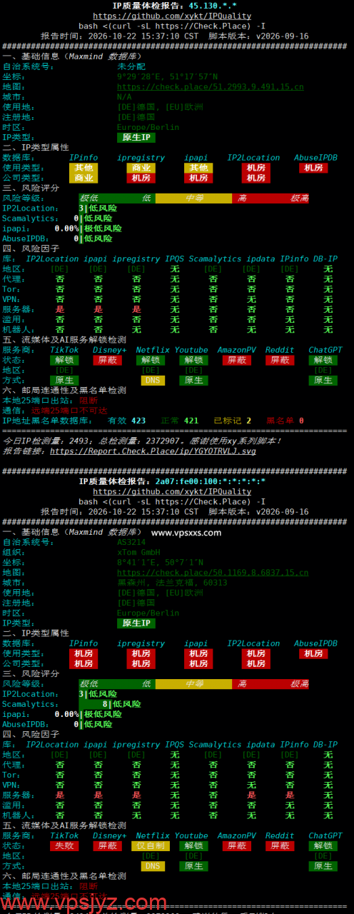 V.PS德国高性能VPS IP质量体检报告