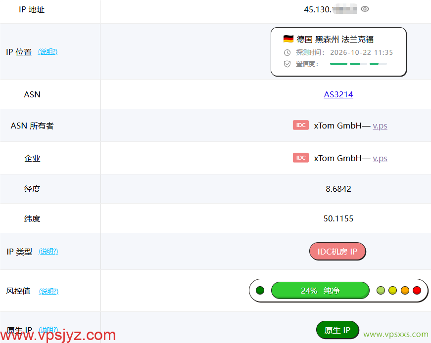 V.PS德国高性能VPS ping0是否家庭IP检测
