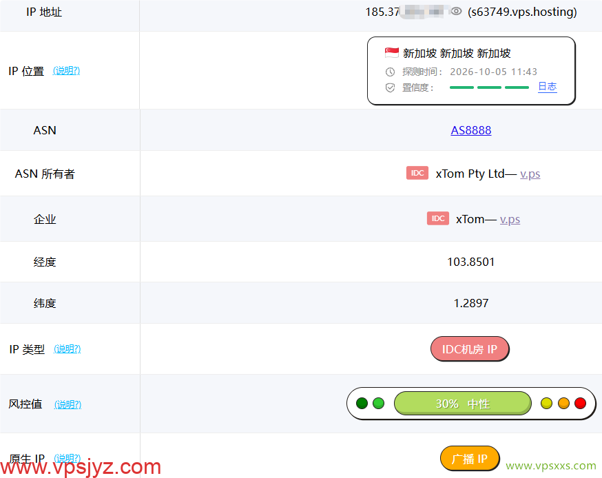 V.PS新加坡高性能VPS ping0是否家庭IP检测