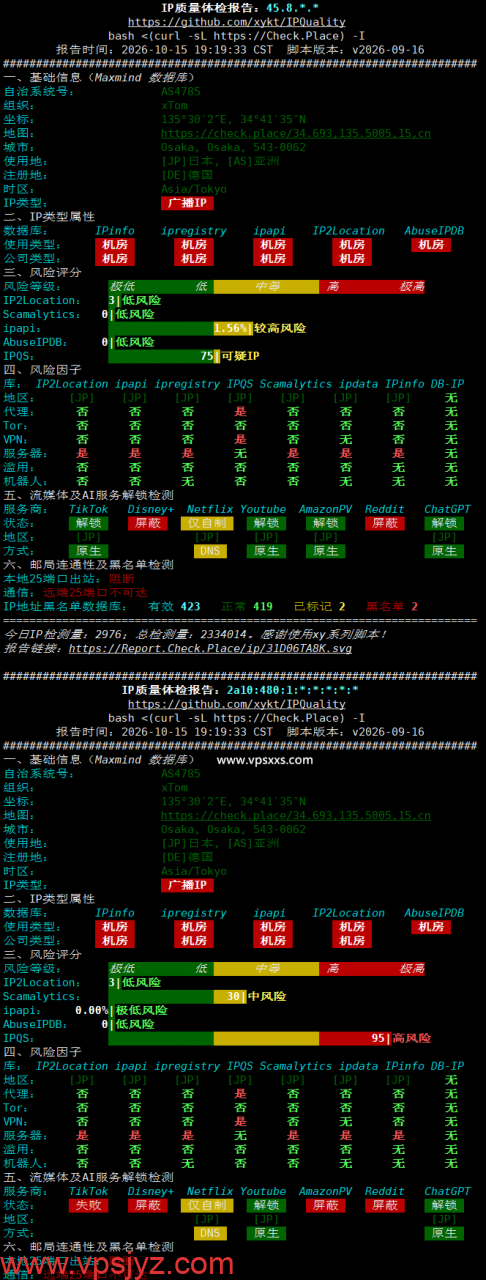 V.PS日本大阪VPS IP质量体检报告