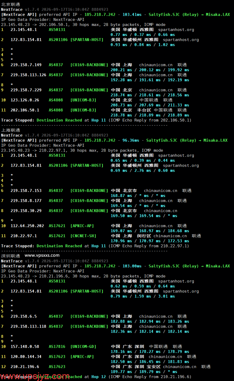 V.PS美国西雅图VPS联通回程路由