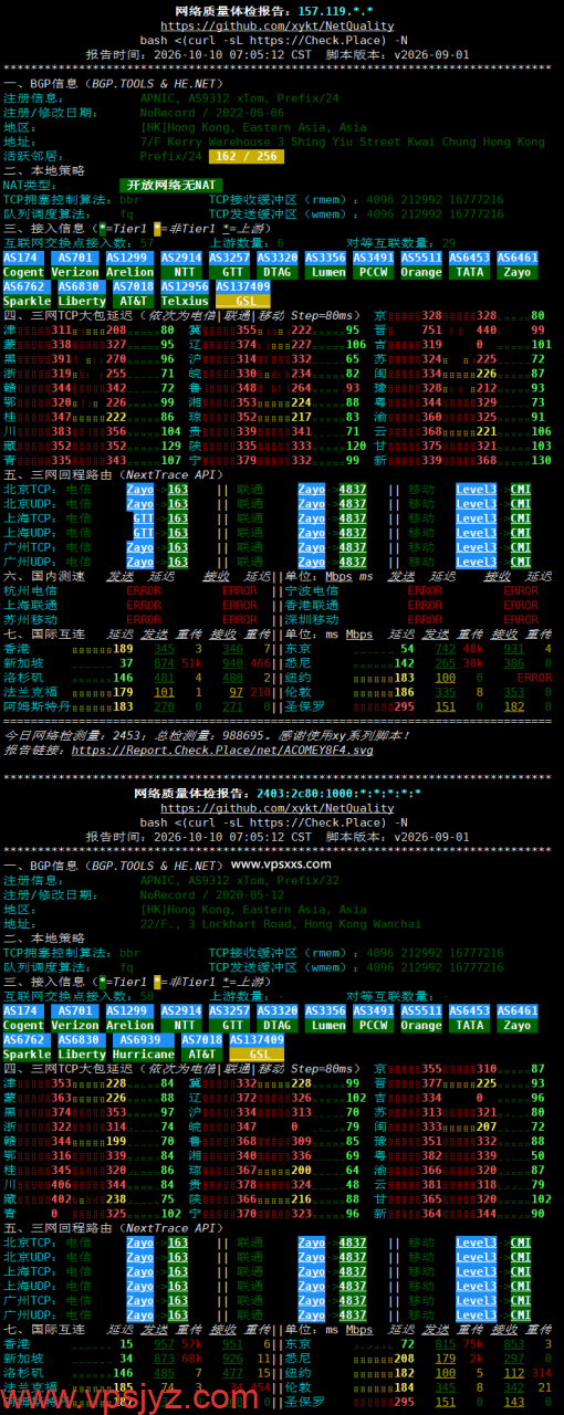 V.PS香港VPS网络质量体检报告