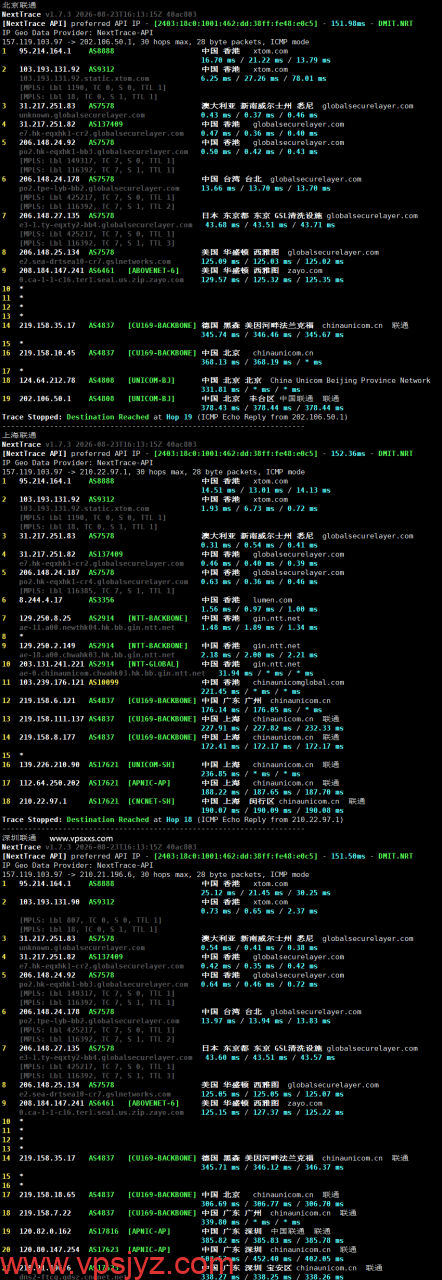 V.PS香港VPS联通回程路由